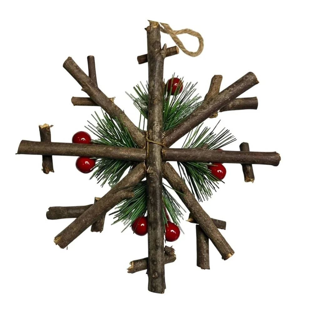 Set of 2 Rustic Twig Snowflake Ornaments Pinecone Berry Christmas Decor 6.5
